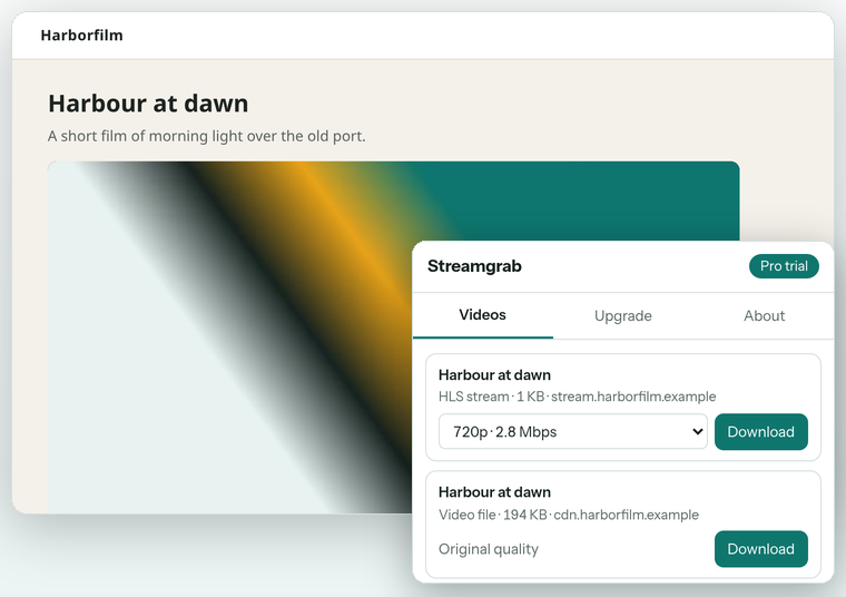 The Streamgrab popup on a page with a film. It lists an HLS stream with a quality menu set to 720p and a direct video file, each with a Download button.